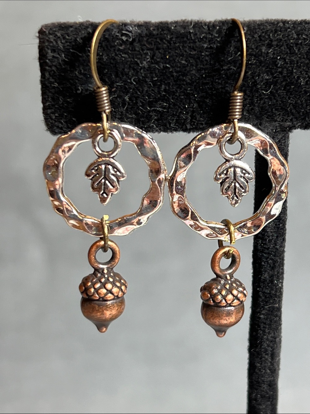 Fall Festival dangle earrings, an acorn & tiny oak leaf charms on surgical steel